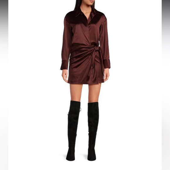 Gianni Bini Avery Long Sleeve Satin Point Collar Neck Faux Wrap Dress - Picture 10 of 13